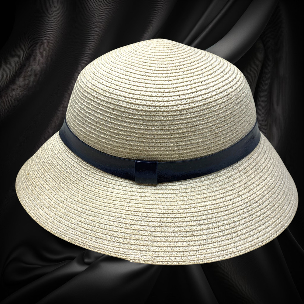 Global Glamour Raffia Hat White Tall Crown 3.5" Brim Navy Band O/S Adjustable - Picture 4 of 10